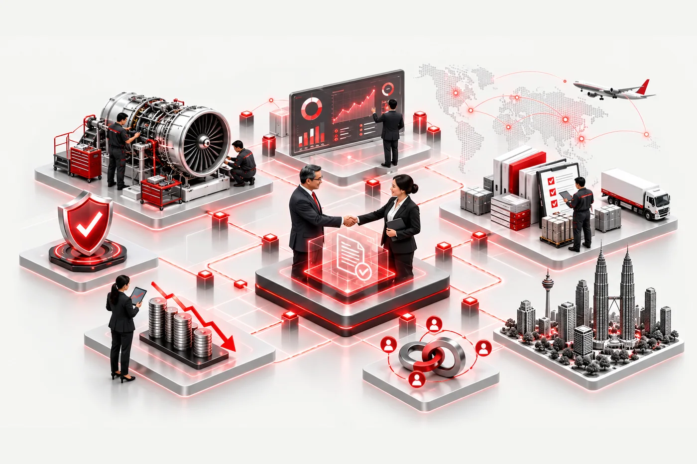 Isometric view of performance based contracting: engineers servicing a turbine, a performance dashboard, inspection checklists, cost reduction and the Kuala Lumpur skyline linked around a signed contract